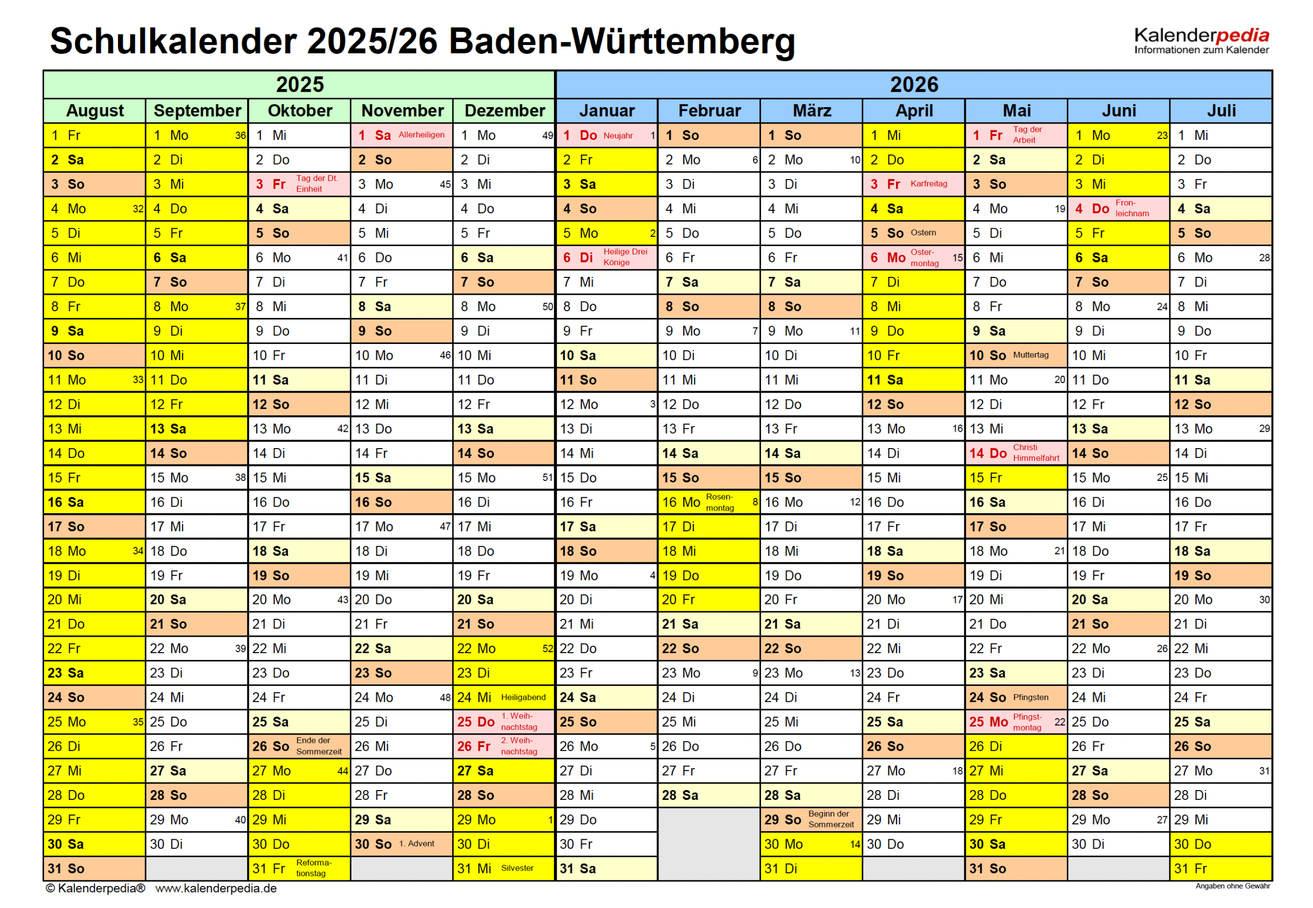 Schuljahreskalender Schuljahr 2025/26